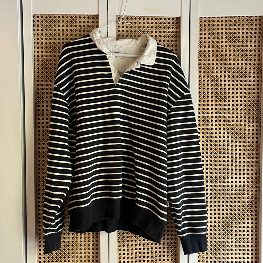 Navy and white frank and oak rugby shirt